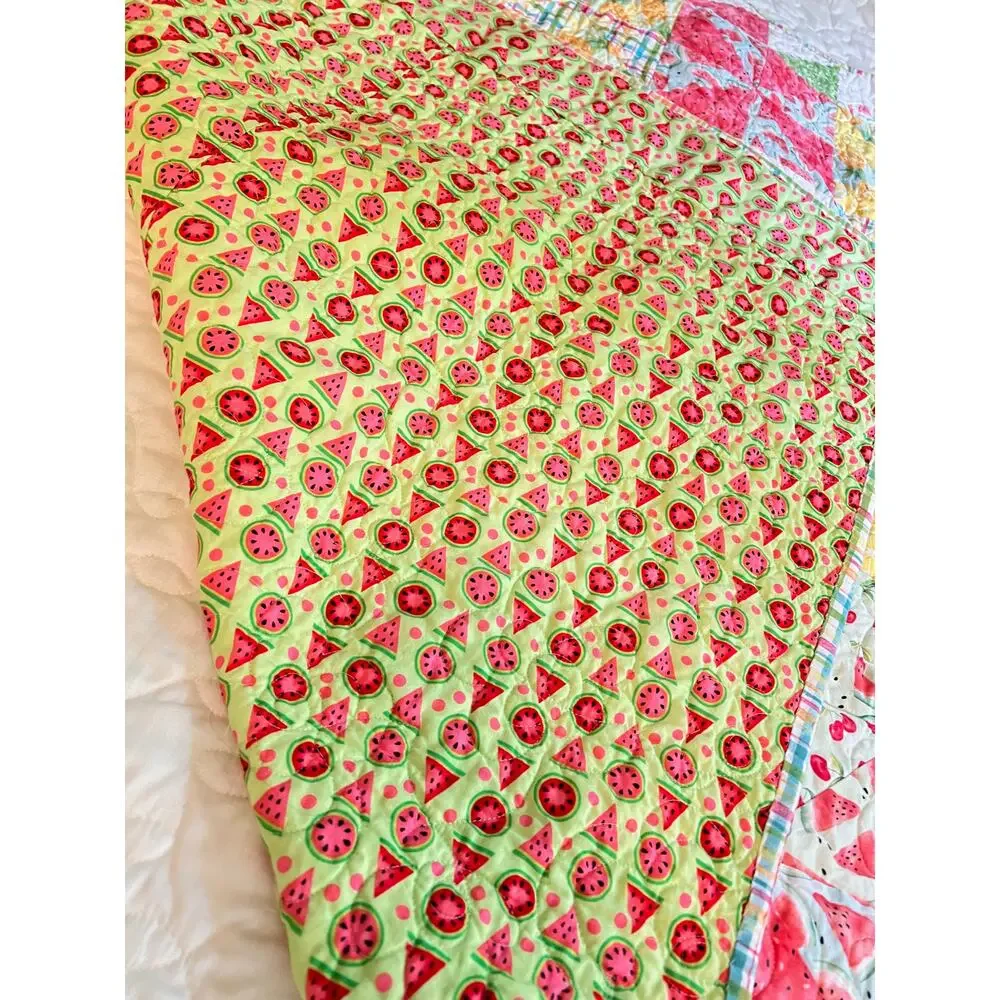 quilt pinwheel block lap couch blanket hand made whimsical fruit print 45